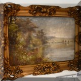 A02. Landscape oil painting on board. ”A Lake Shore” by George Augustus McKinstry. Frame has some damage. 11” x 17” 